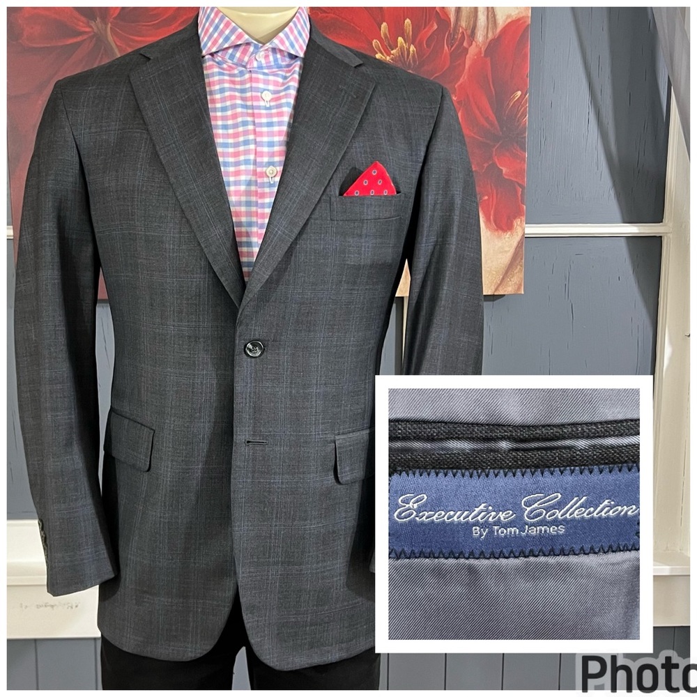 Tom‎ James Bespoke Blazer Mens 40R Tailored Jacket Sport Coat Wool Gray Plaid